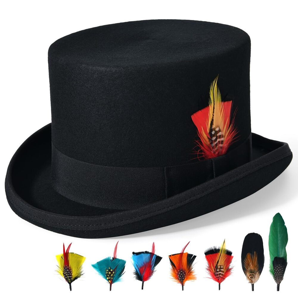 3541 Top Hat 100% Wool Black Felt Top Hat Costume with 7pcs Feather Party